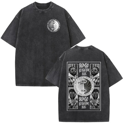 Black oversized vintage washed rapper t shirt with faded texture and white damso tour prints for women clothing streetwear