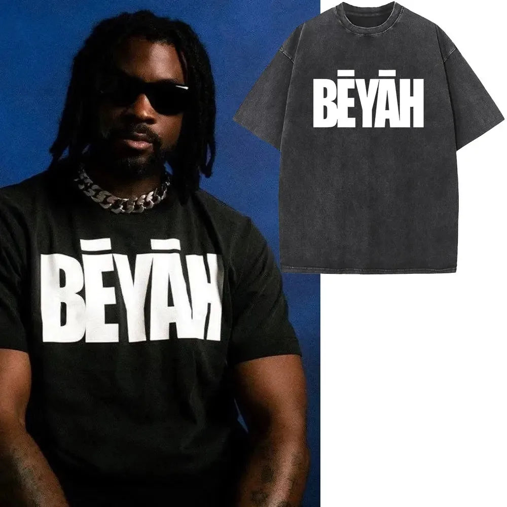 Black oversized vintage washed rapper t-shirt with bold white béyah lettering for women clothing streetwear