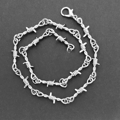 Silver iron unisex choker necklace featuring a gothic punk barbed thorns chain with lobster clasp closure