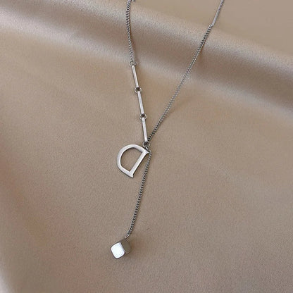 Silver d-shaped pendant necklace with chain and dangling cube charm titanium steel choker woman gothic jewelry