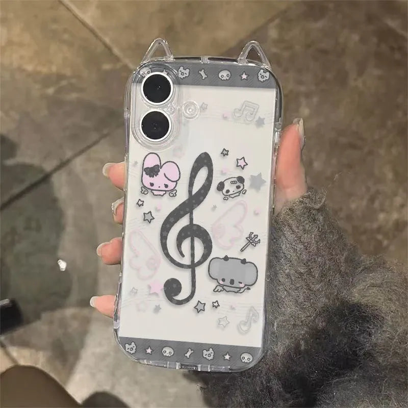Clear rabbit musical note phone case with white base, black musical notes, pink and gray cartoon soft cover design