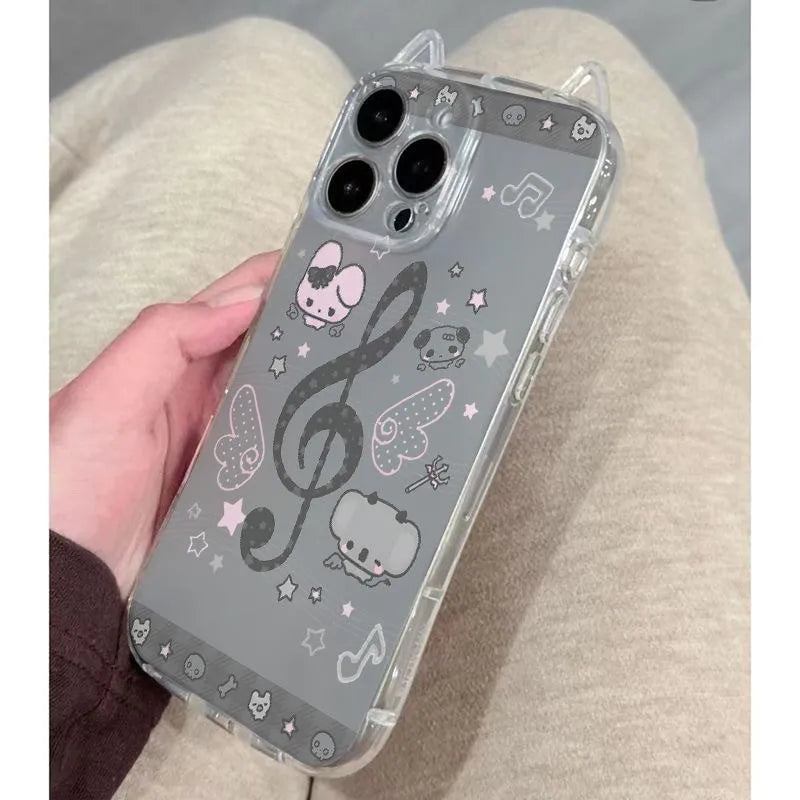Clear gray translucent rabbit musical note phone case with cartoon soft cover featuring animals stars and notes back view
