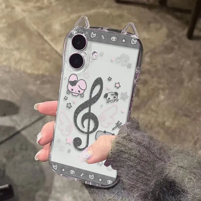 Clear cat-ear rabbit musical note phone case with white base black musical notes and cartoon soft cover for iphone back side