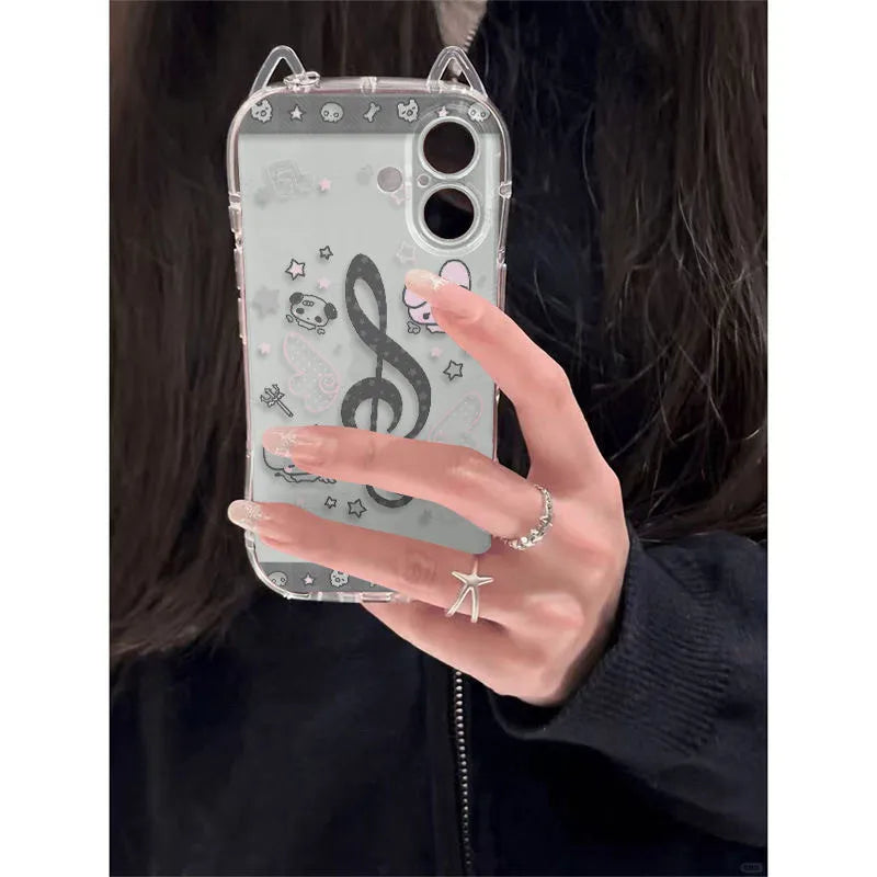 Clear rabbit musical note cartoon soft cover phone case with black musical notes and small animals on gray background back side