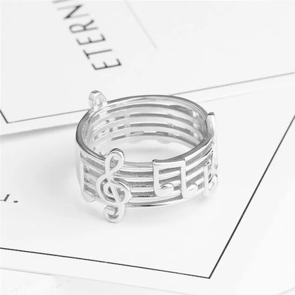 Silver musical note ring with treble clef and staff design for female music lovers wedding party music accessory