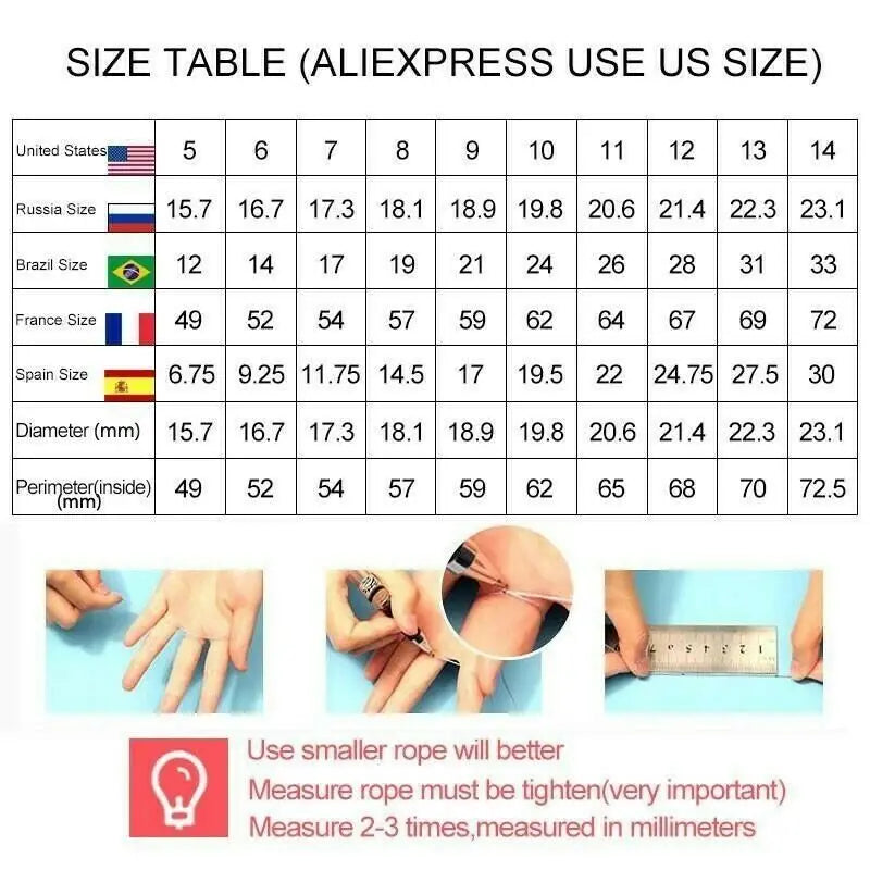 Size chart for an adjustable rope musical note ring in us and international measurements for female music lovers