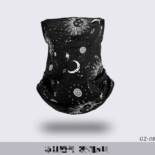 Black space-themed face mask with white celestial suns moons planets and stars for uv protection and outdoor sports