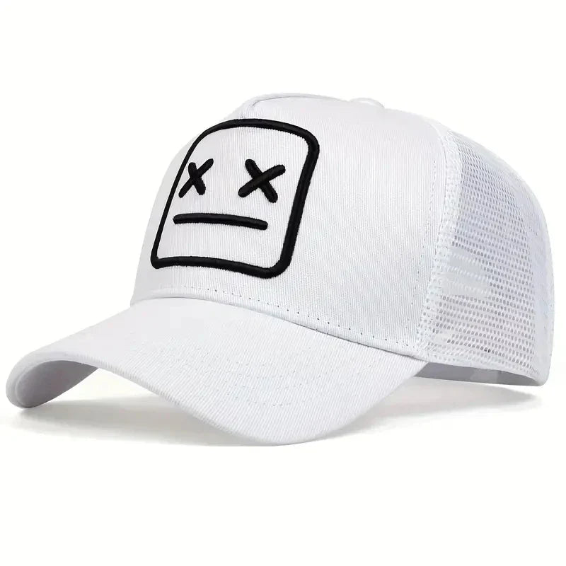 White trucker-style fashion robot embroidered baseball hat with black face design for women hip hop autumn outdoor adjustable use