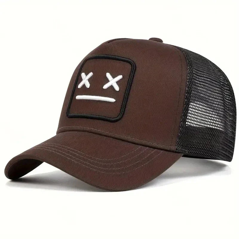 Brown trucker-style fashion robot embroidered baseball hat with black mesh back for women hip hop autumn outdoor adjustable use