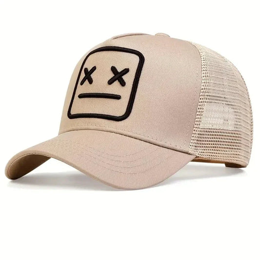 Beige fashion robot embroidered trucker hat with black x-eyed face design for women hip hop autumn outdoor adjustable wear