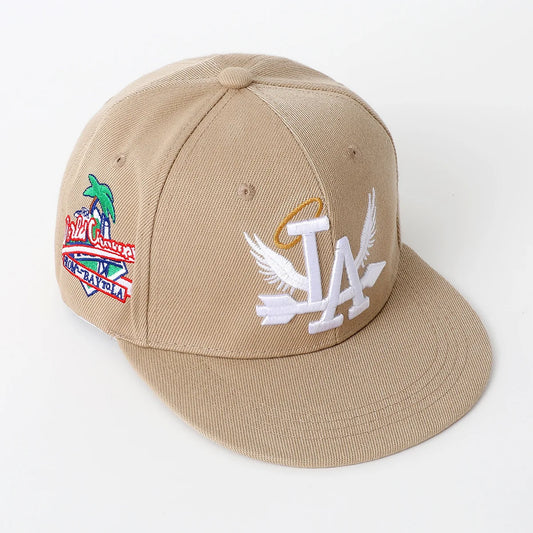 Beige unisex lette embroidery baseball cap with white los angeles snapback la logo wings halo and colorful palm tree patch