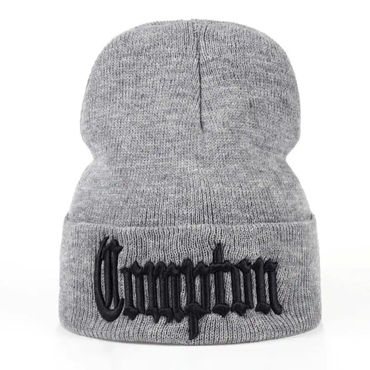 Gray knit beanie with black embroidered crimson lettering on cuff fashion west beach compton winter warm knitted bonnet skullies