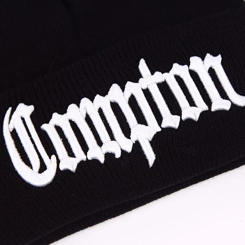 Black knit beanie with bold white campion embroidery in gothic font fashion west beach compton winter warm knitted bonnet skullies