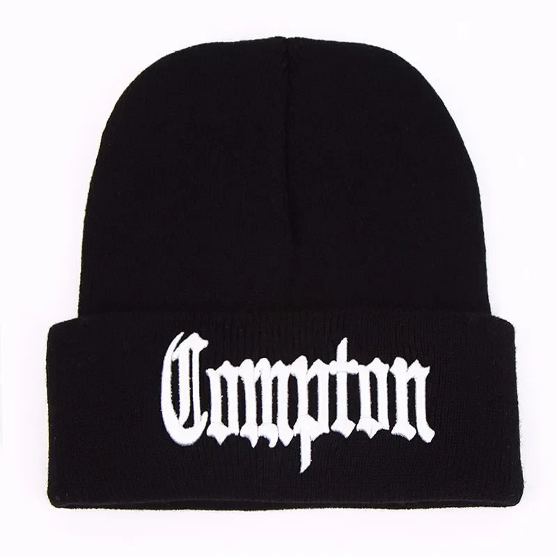 Black knitted bonnet skullies beanie with white embroidered compton winter warm text for fashion west beach style
