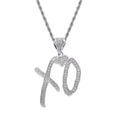 Silver rhodium-plated fashion xo necklace with sparkling cubic zirconia letter pendant for hip hop party style