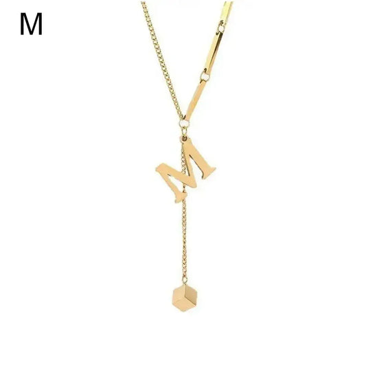 Gold-toned fashion xo necklace with cubic zirconia letter m pendant and geometric cube charm for hip hop party style