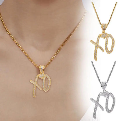 Gold and silver fashion xo necklace with cubic zirconia letter pendant and chain for hip hop party jewelry accessory