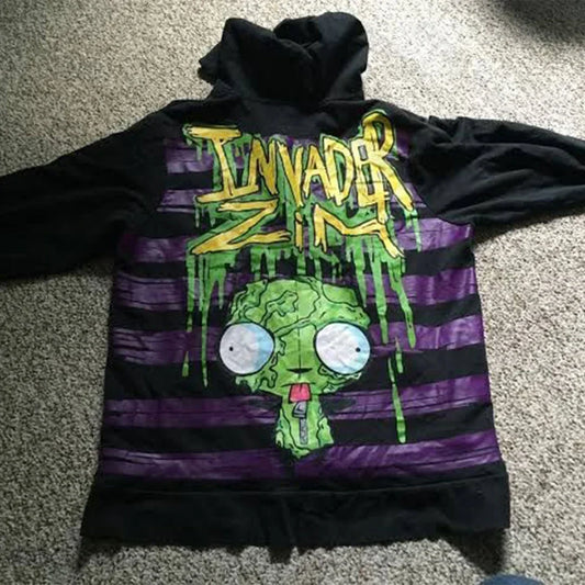 Black zip-up sweatshirt hoodie gothic design street style featuring invader zim graphic with green slime and purple stripes