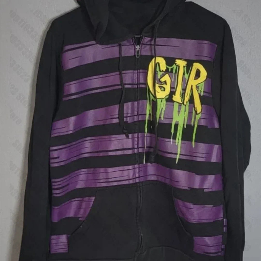 Black zip-up sweatshirt hoodie gothic design street style with bold purple stripes and a dripping yellow gir graphic