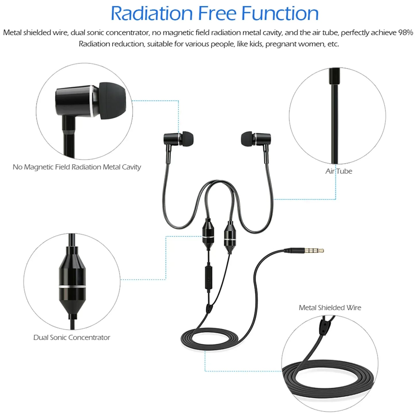 Black in-ear headphone with sleek metallic finish and air tube design featuring 3.5mm anti-radiation noise reduction mic