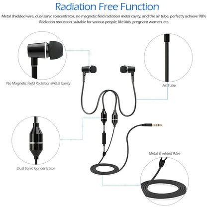 Black in-ear headphone with sleek metallic finish and air tube design featuring 3.5mm anti-radiation noise reduction mic