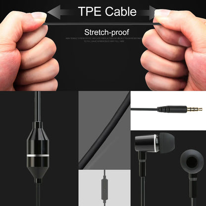 Black in-ear headphones FC12 stereo music headset with silver accents featuring headphone noise reduction and 3.5mm anti-radiation design