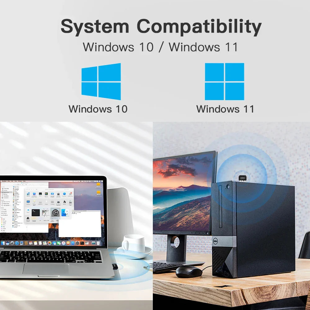 Black dell desktop computer with silver accents features fenvi usb bluetooth dongle wireless usb adapter for keyboard speaker music