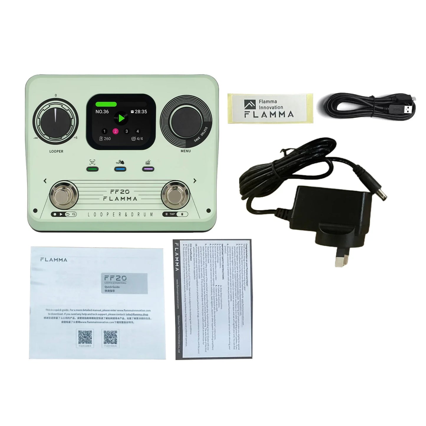 Mint green flamma ff20 looper drum guitar effects pedal with black rotary knobs and silver metallic buttons for electric guitar effects
