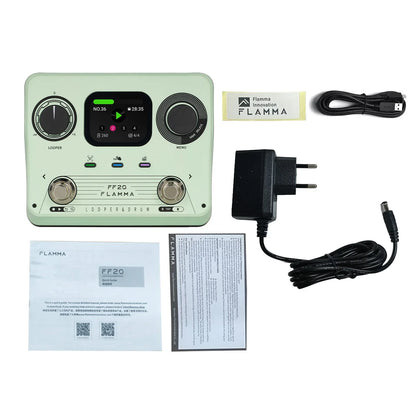 Mint green flamma ff20 dual pedal guitar effects pedal with black knobs digital display and 220 rhythm patterns