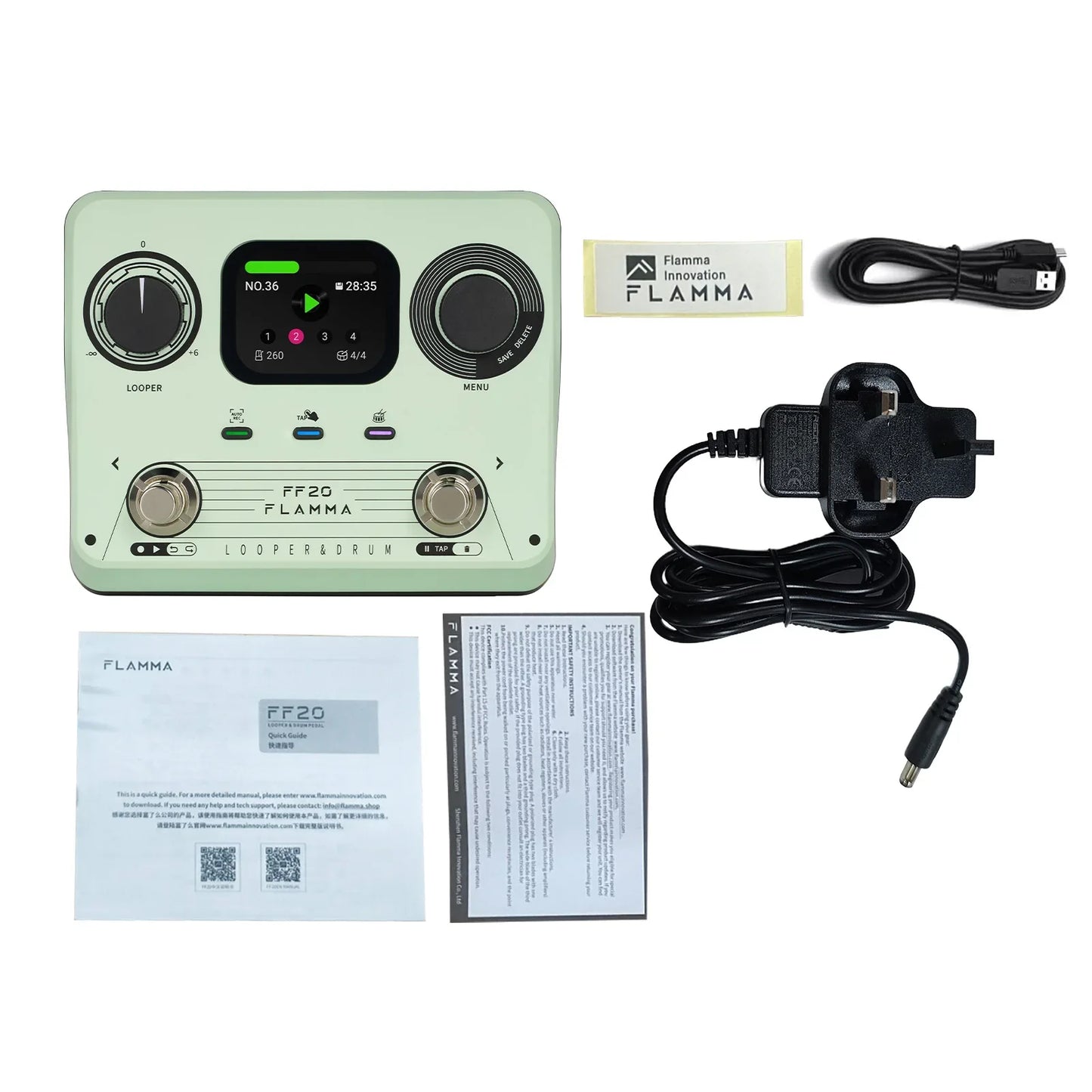 Mint green ff20 drum machine looper guitar effects pedal with black rotary knobs and digital display for rhythm patterns