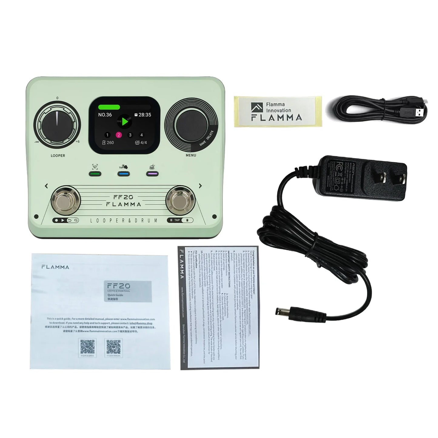 Mint green flamma ff20 looper drum guitar effects pedal with black rotary knobs and silver metallic buttons for electric guitar effects