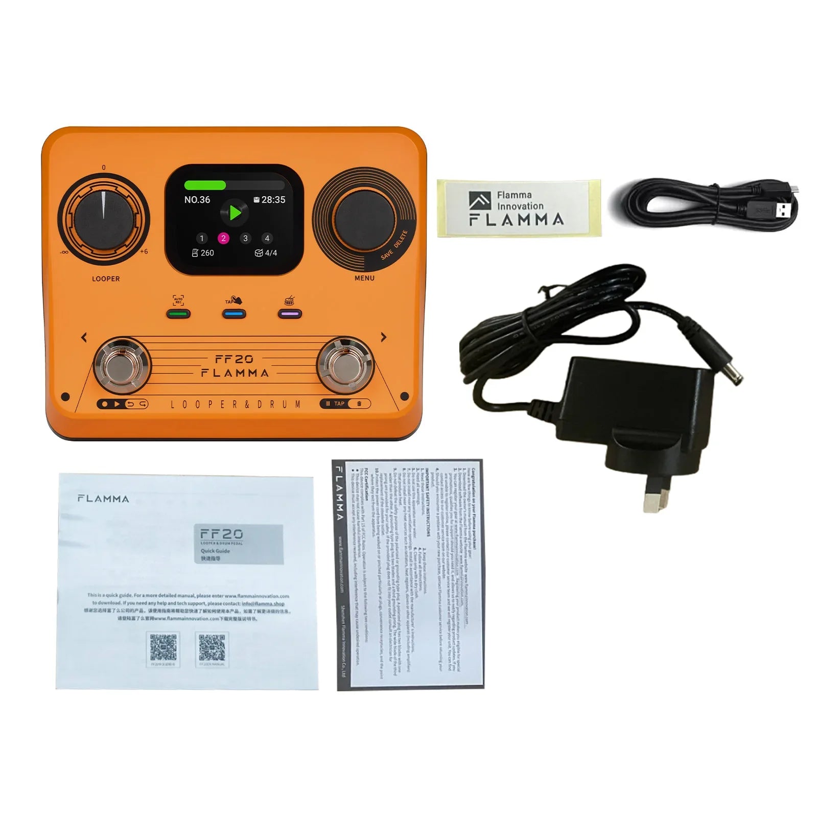 Vibrant orange flamma ff20 drum machine looper guitar effects pedal with black knobs and digital display for electric guitar