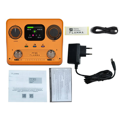 Bright orange flamma ff20 dual drum machine looper guitar effects pedal with black knobs and digital display for recording