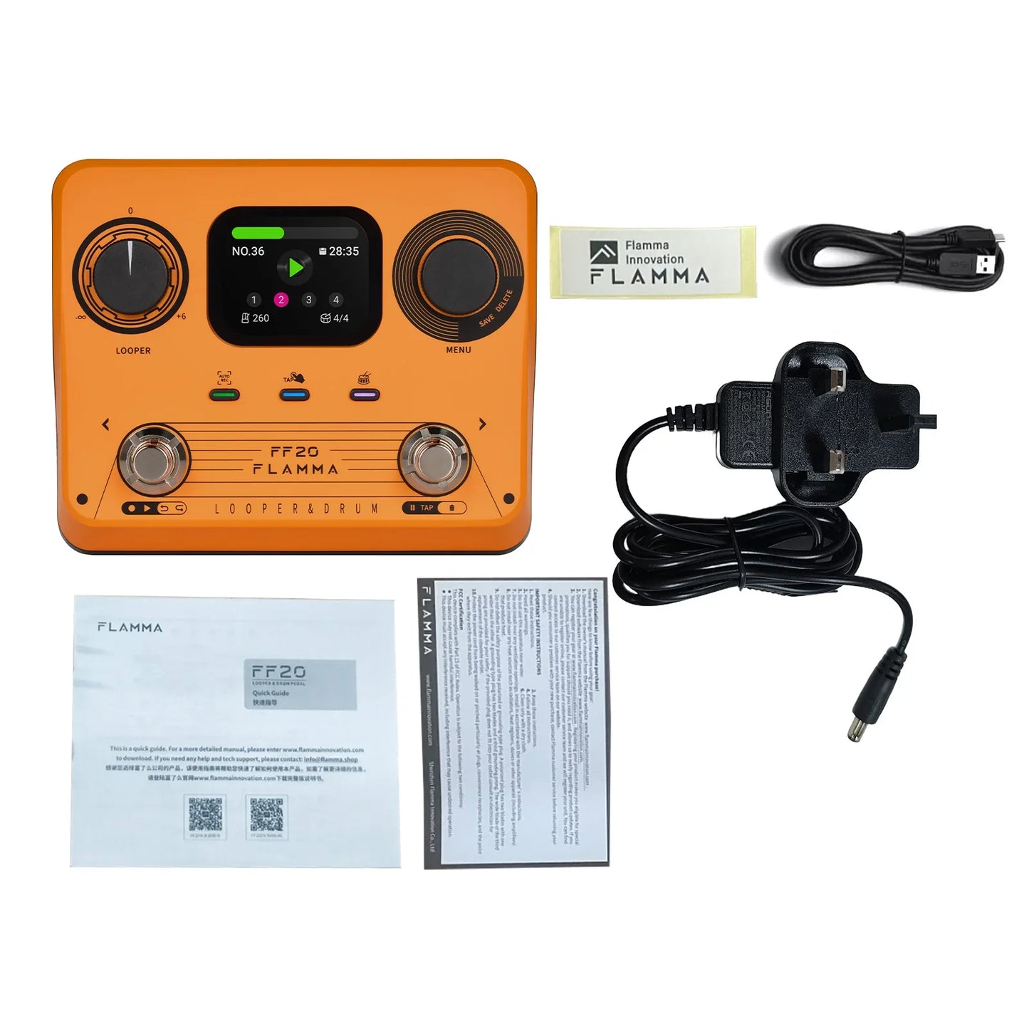 Orange flamma ff20 looper and drum machine effects pedal with black knobs and digital display for guitar effects use