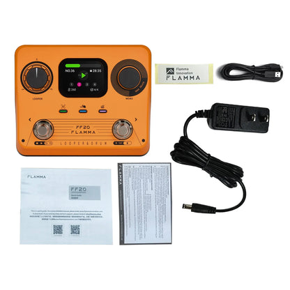 Vibrant orange flamma ff20 guitar effects pedal with black knobs and digital display for looper and drum machine use