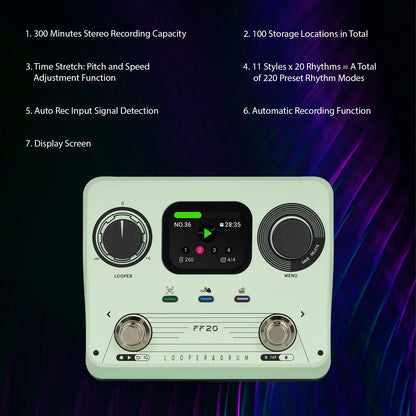 Mint green ff20 drum machine looper guitar effects pedal with black knobs silver footswitches and digital display screen