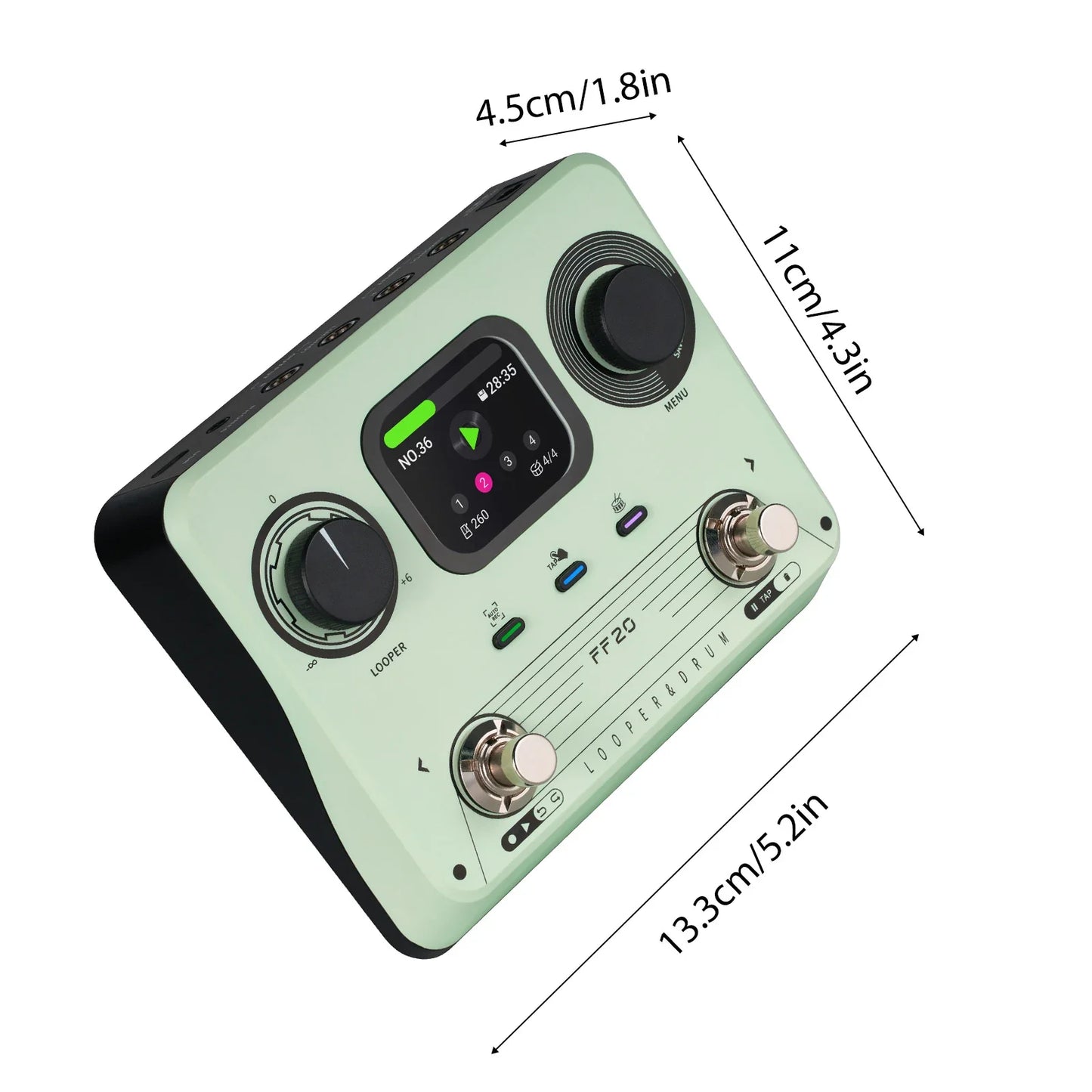Mint green ff20 drum machine looper guitar effects pedal with black knobs silver footswitches and digital display