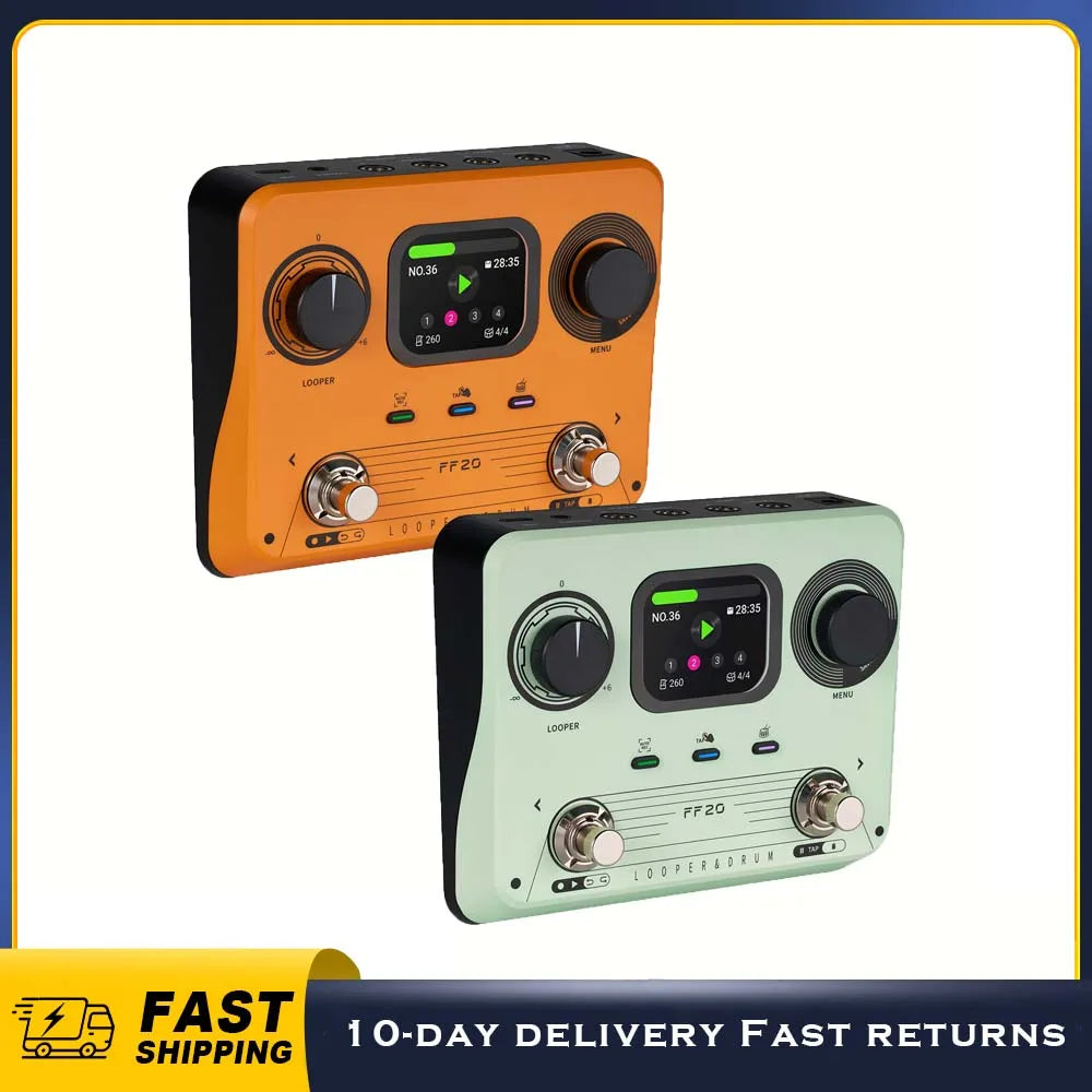 Orange and mint green ff20 drum machine looper guitar effects pedal with black knobs, silver footswitches, and digital displays