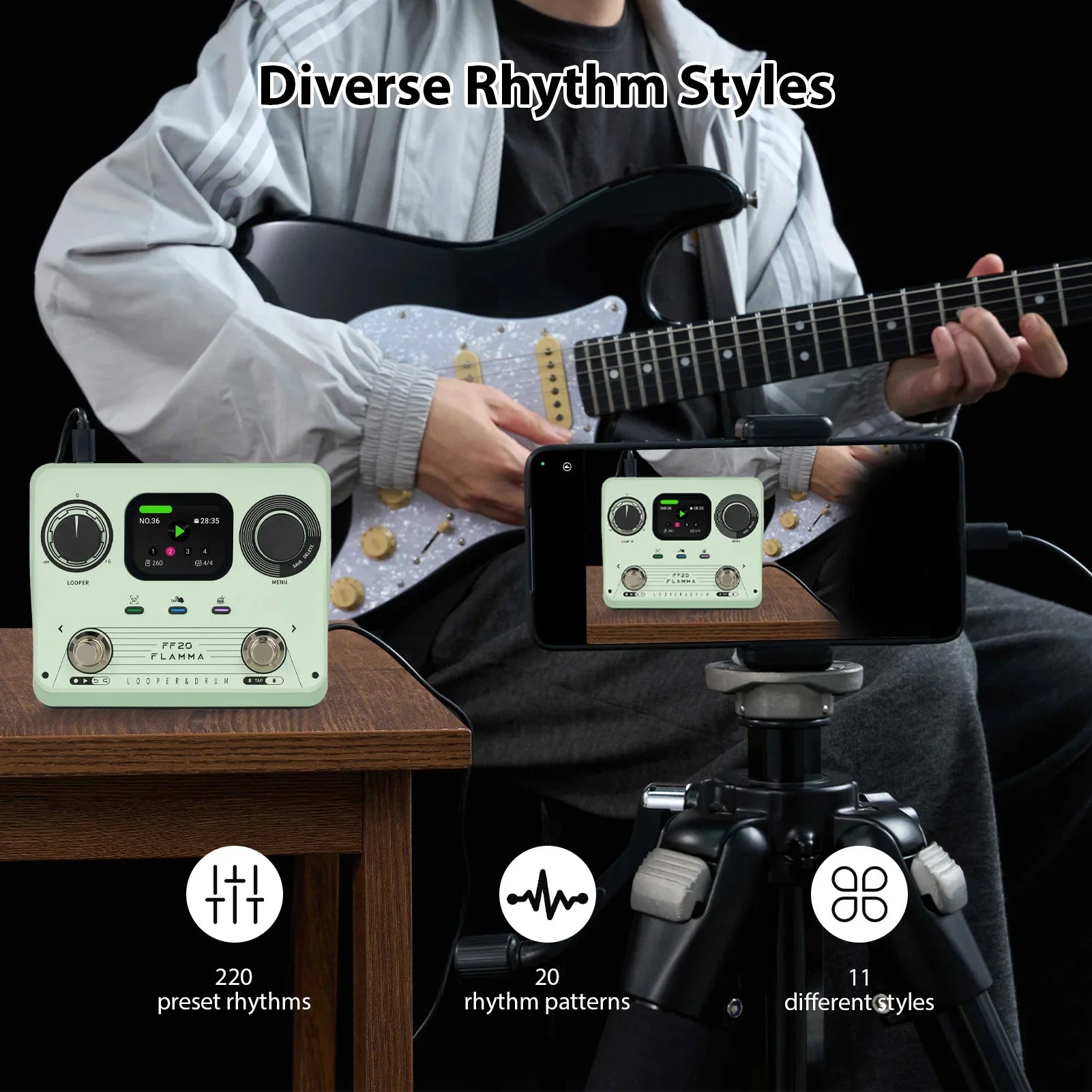 Pastel green fz20 flamingo rhythm pedal with circular knobs and digital display guitar effects pedal for electric guitar