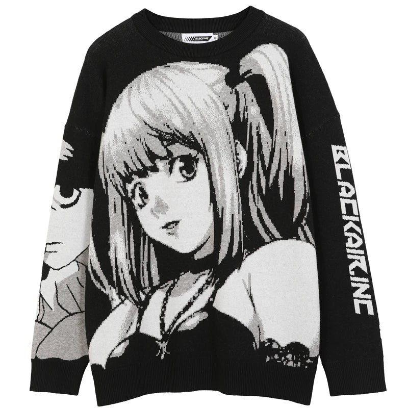 Black cotton mens hip hop streetwear sweater vintage Japanese style with large anime girl print and bold sleeve text