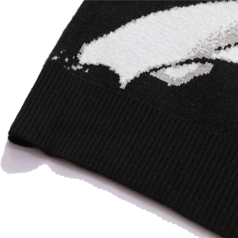 Black knitted cotton sweater with bold white graphic design hip hop streetwear harajuku vintage japanese style