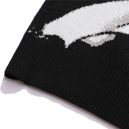 Black knitted cotton sweater with bold white graphic design hip hop streetwear harajuku vintage japanese style