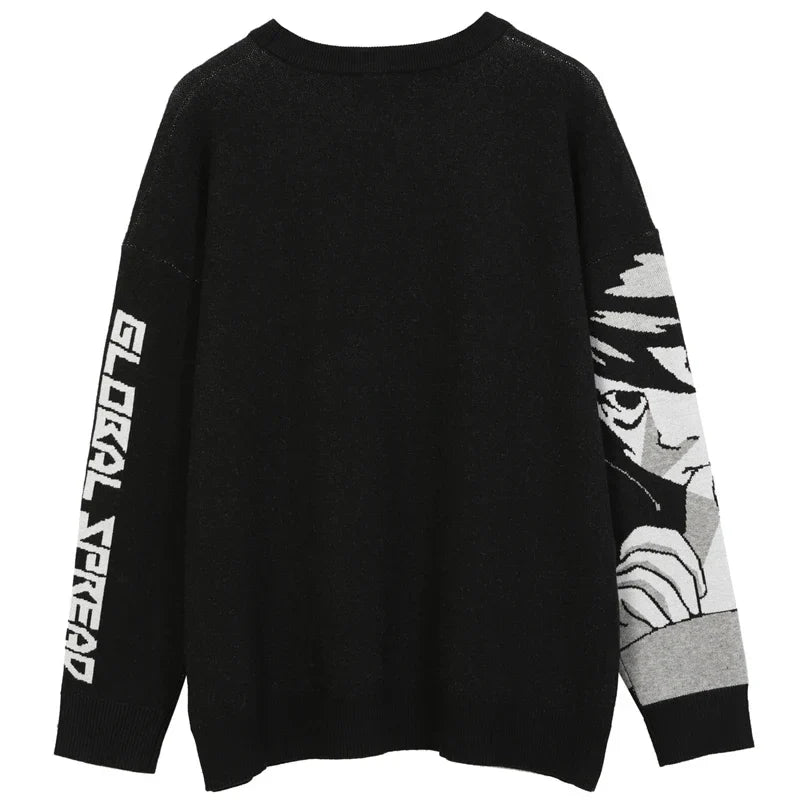 Black cotton knit sweater vintage japanese style with anime girl graphic on right sleeve and global streed text on left sleeve hip hop streetwear harajuku