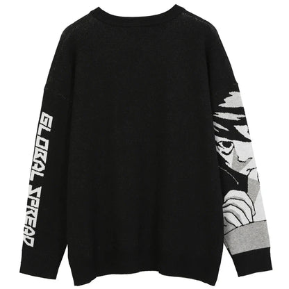 Black cotton knit sweater vintage japanese style with anime girl graphic on right sleeve and global streed text on left sleeve hip hop streetwear harajuku