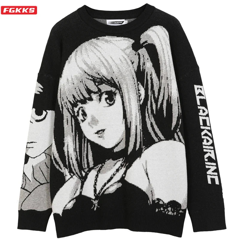 Black knit cotton sweater vintage japanese style with large grayscale anime girl print and bold sleeve lettering hip hop streetwear