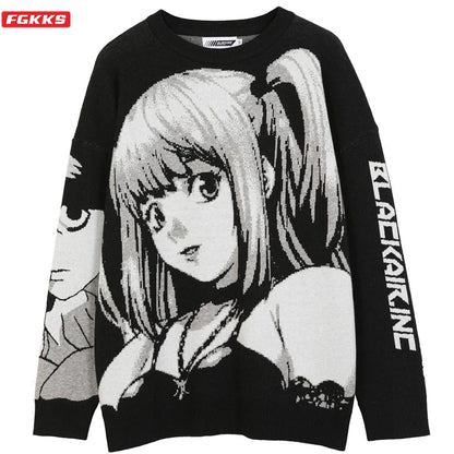 Black knit cotton sweater vintage japanese style featuring large anime girl print and bold sleeve lettering mens hip hop streetwear