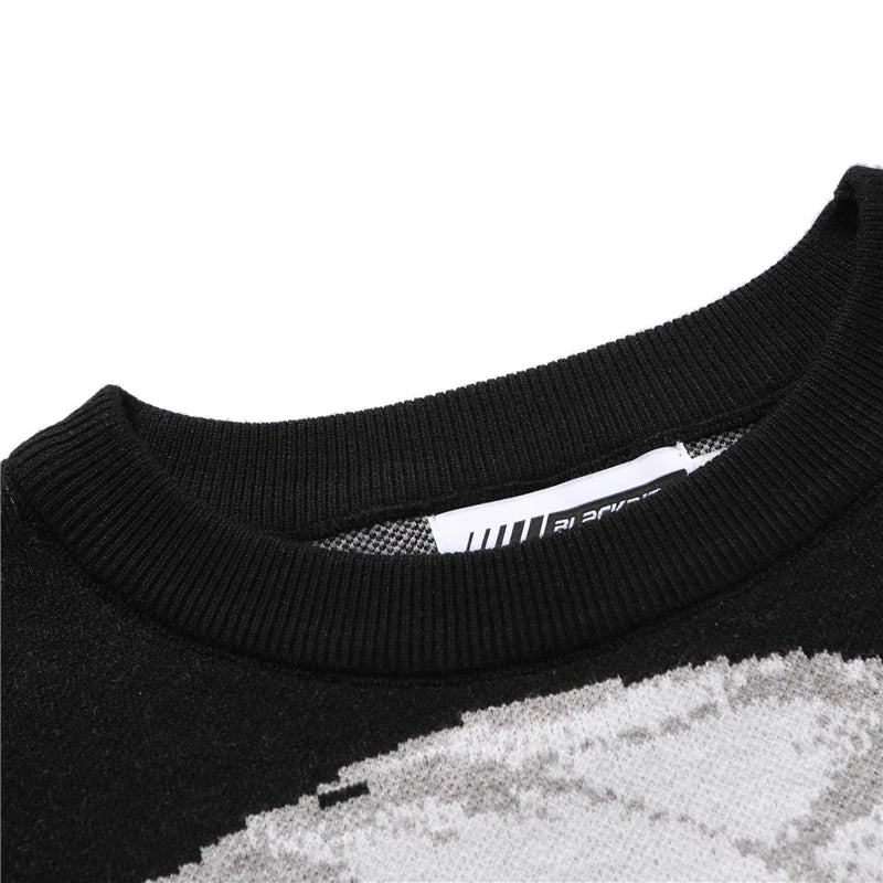 Black ribbed cotton crew neck sweater with subtle gray abstract pattern for hip hop streetwear harajuku style