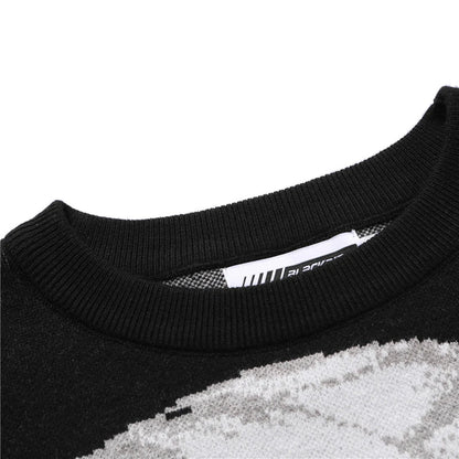Black ribbed cotton crew neck sweater with subtle gray abstract pattern for hip hop streetwear harajuku style