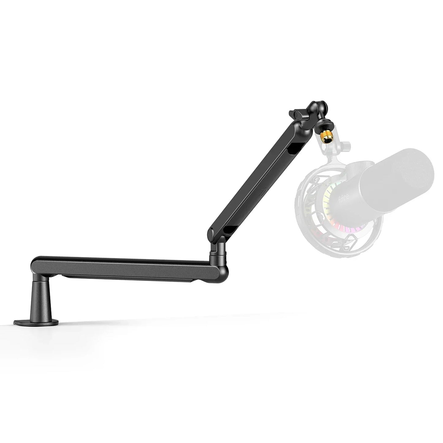 Black adjustable low profile fifine microphone boom arm bm88w with gold connector holding transparent mic for streaming gaming