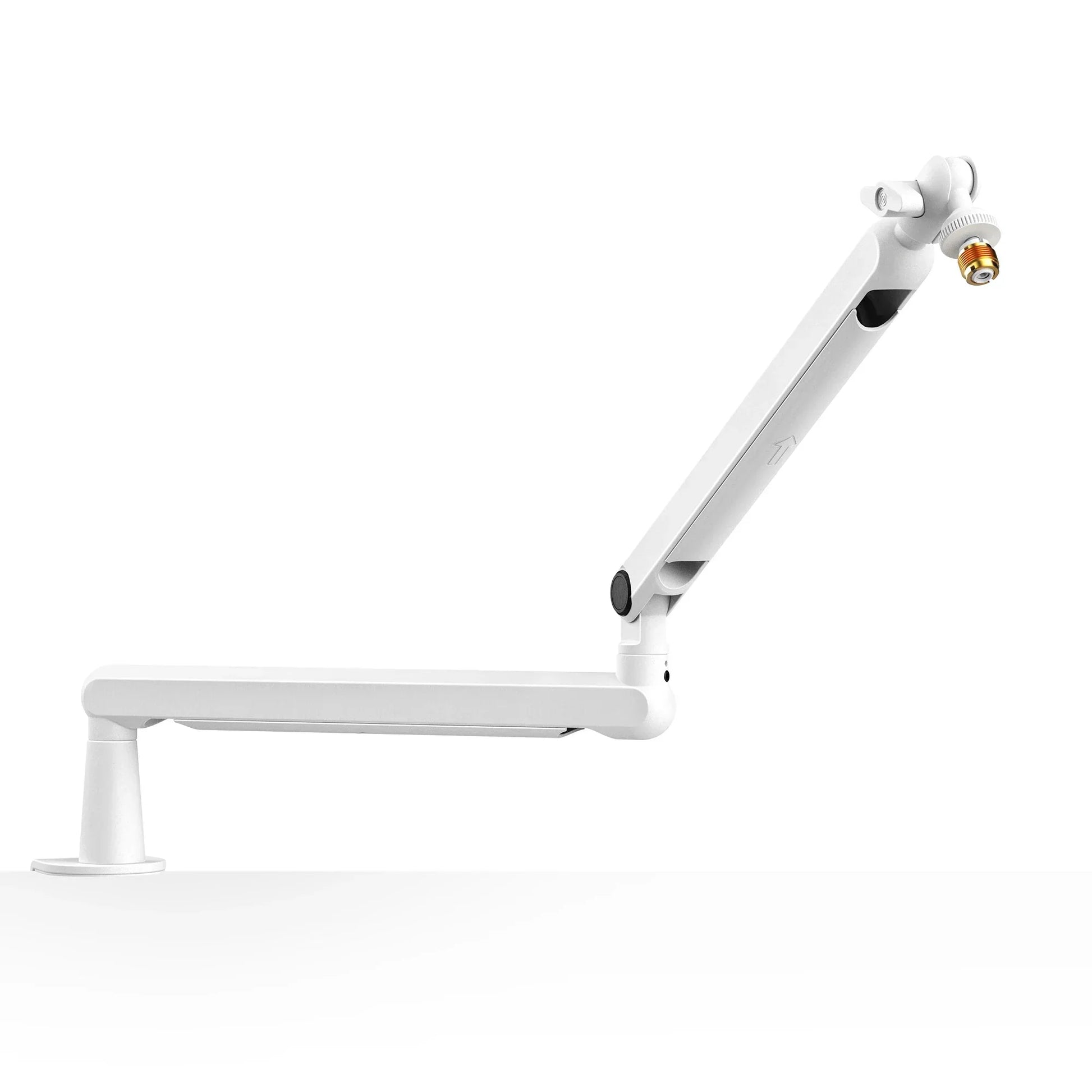 White fifine microphone boom bm88w with adjustable low profile arm and gold lens housing for streaming and gaming